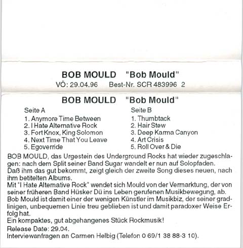 Bob Mould 'Hubcap' album advance cassette inlay