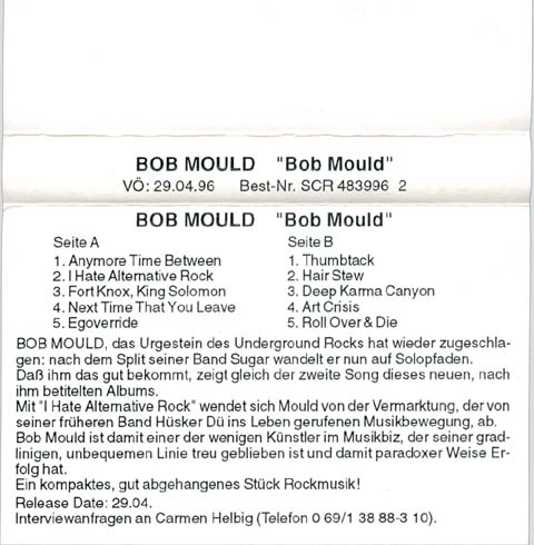 Bob Mould 'Hubcap' album advance cassette inlay