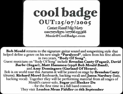 Bob Mould — Paralyzed promo CD EP jewel case stickers