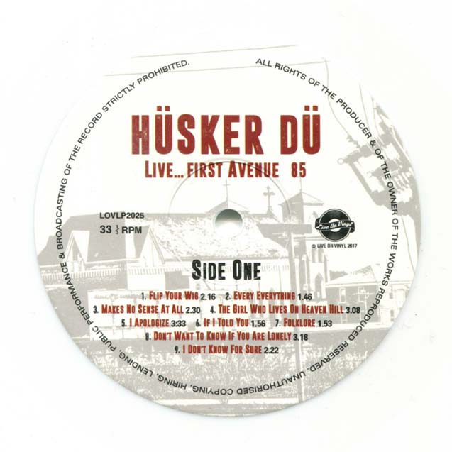 Live... First Avenue 85 bootleg LP side 1 label