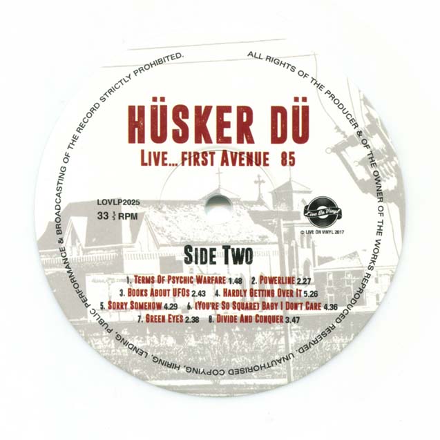 Live... First Avenue 85 bootleg LP side 2 label