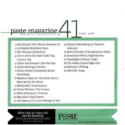 Paste Magazine 41 New Music Sampler CD back