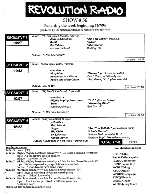 Revolution Radio #56 cue sheet