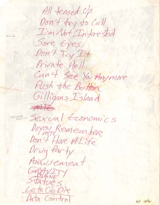 Handwritten setlist: Hüsker Dü, 7th St Entry, Minneapolis, 22 Nov 1980