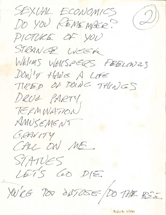 Handwritten setlist: Hüsker Dü, 7th St Entry, Minneapolis, 13 Dec 1980