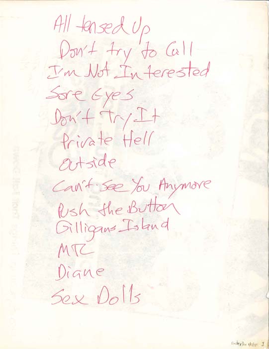 Handwritten setlist: Hüsker Dü, 7th St Entry, Minneapolis, 12 Jan 1981 (set 1)