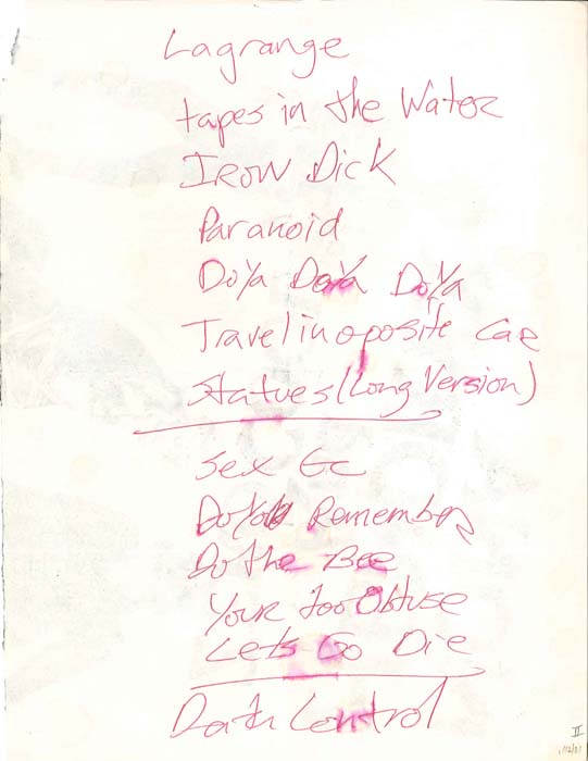 Handwritten setlist: Hüsker Dü, 7th St Entry, Minneapolis, 12 Jan 1981 (set 2)