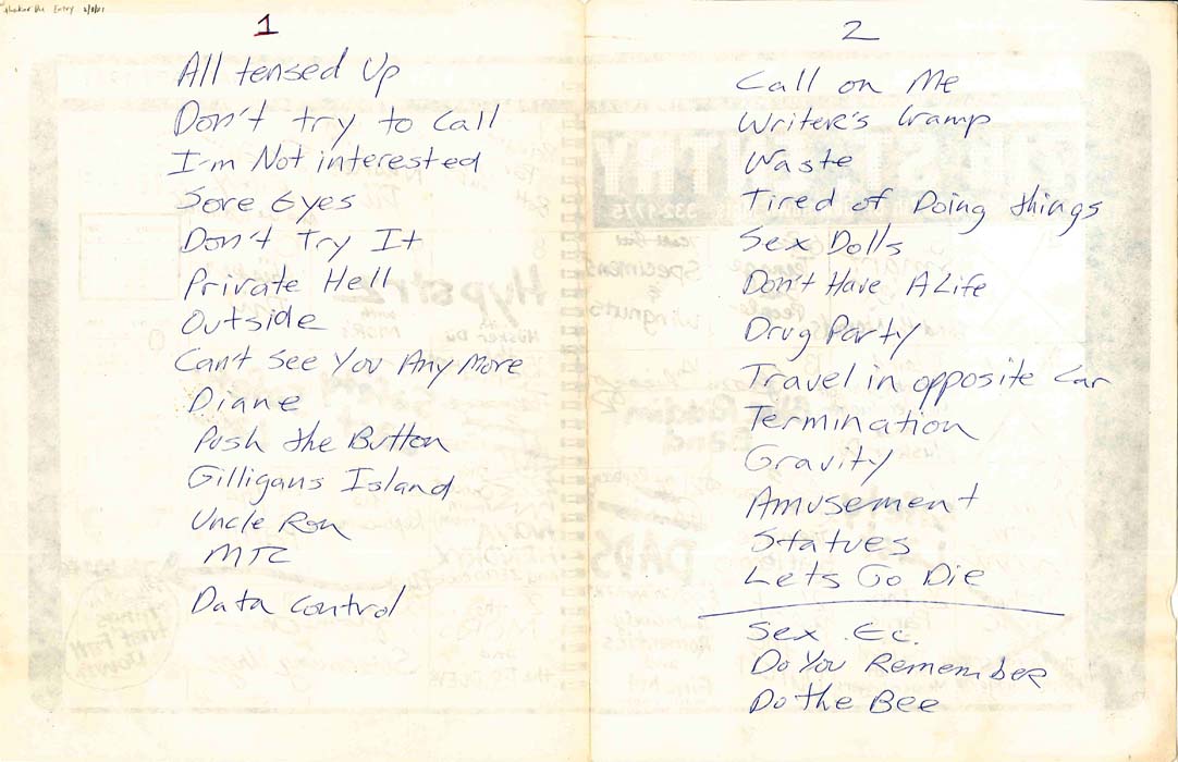 Handwritten setlist: Hüsker Dü, 7th St Entry, Minneapolis, 03 Feb 1981