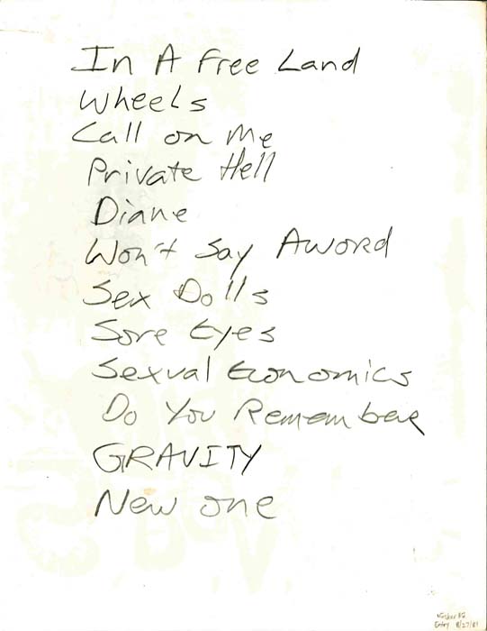 Handwritten setlist: Hüsker Dü, 7th St Entry, Minneapolis, 27 Aug 1981 (set 1)