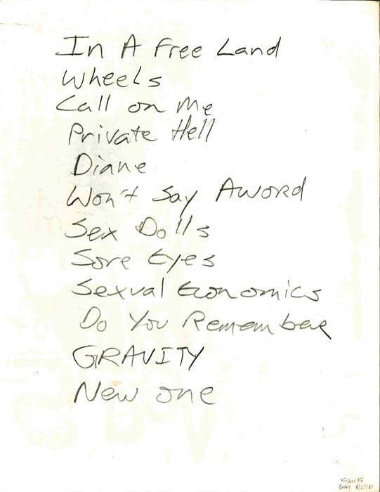 Handwritten setlist: Hüsker Dü, 7th St Entry, Minneapolis, 27 Aug 1981 (set 1)