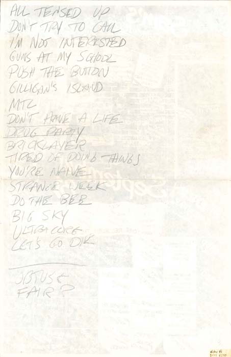 Handwritten setlist: Hüsker Dü, 7th St Entry, Minneapolis, 27 Aug 1981 (set 2)