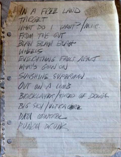 Handwritten setlist: Hüsker Dü — Electric Banana. Pittsburgh PA, 28 Apr 1983