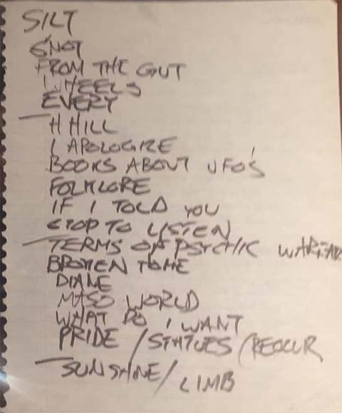 Handwritten setlist: Hüsker Dü, The West End, Chicago IL, 16 Jun 1984 (early show)