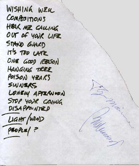 Handwritten setlist: Bob Mould Band, McNeil Room, RPI Student Union, Troy NY, 28 Oct 1990