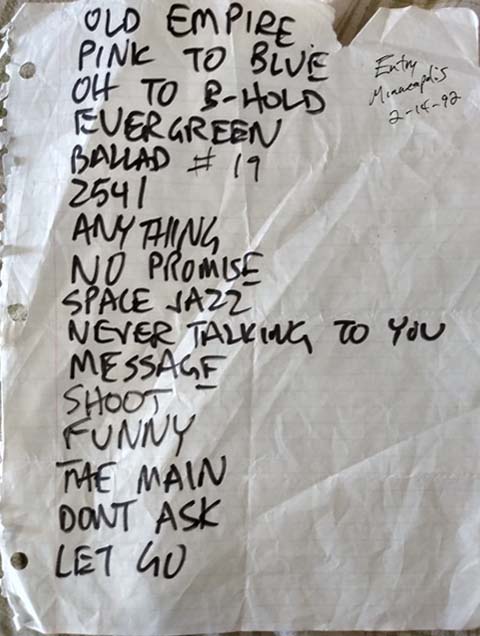 Handwritten setlist: Grant Hart/Nova Mob, 7th Street Entry, Minneapolis, 14 Feb 1992