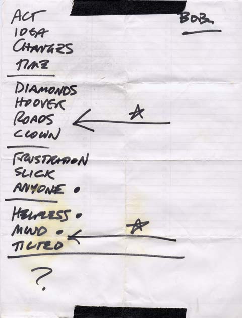 Handwritten setlist: Sugar, 1st Avenue, Minneapolis MN, 18 Oct 1992