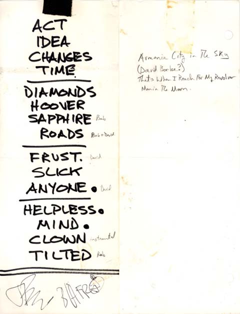 Handwritten setlist: Sugar, Warfield Theater, San Francisco CA, 14 Nov 1992