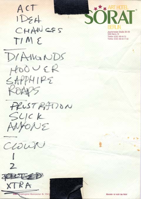 Handwritten setlist: Sugar, Vooruit, Gent, Belgium, 11 Dec 1992