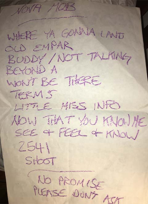 Handwritten setlist: Grant Hart/Nova Mob, Electric Lounge, Austin TX, 02 Oct 1994