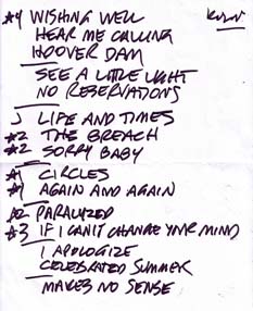 Handwritten setlist: Bob Mould, Luxor, Köln, Germany, 02 May 2009