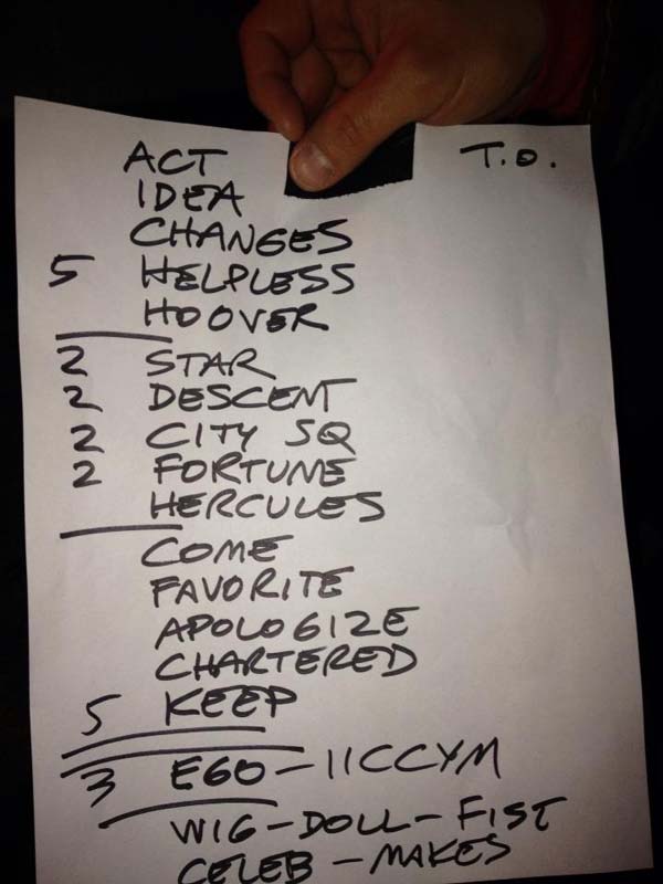 Handwritten setlist: Bob Mould, Horseshoe Tavern,
Toronto, 01 Mar 2013