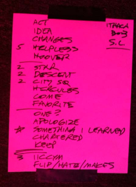 Handwritten setlist: Bob Mould Band, The Haunt, Ithaca NY, 02 Aug 2013