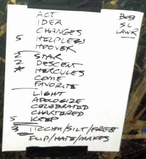 Handwritten setlist: Bob Mould Band, Bottleneck, Lawrence KS, 16 Aug 2013