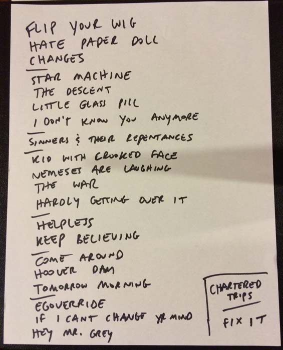 Handwritten setlist: Bob Mould Band, Theatre of the Living Arts, Philadelphia PA, 05 Sep 2014