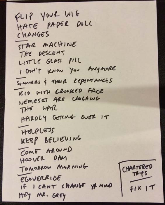 Handwritten setlist: Bob Mould Band, Theatre of the Living Arts, Philadelphia PA, 05 Sep 2014