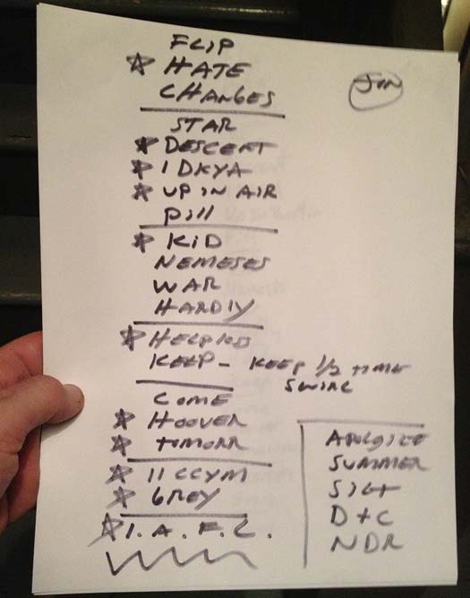 Handwritten setlist: Bob Mould Band, Bowery Ballroom, New York NY, 10 Sep 2014