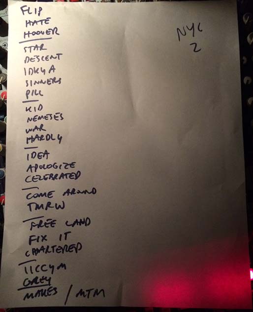 Handwritten setlist: Bob Mould Band, Bowery Ballroom, New York NY, 11 Sep 2014