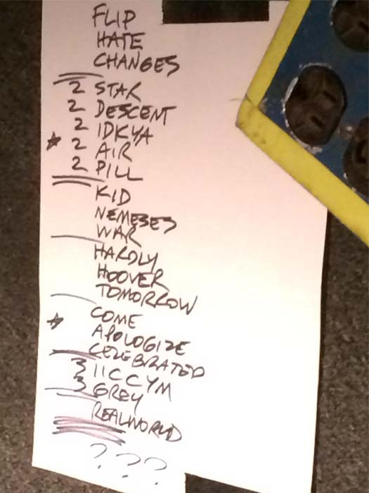Handwritten setlist: Bob Mould Band, Beachland Ballroom, Cleveland OH, 15 Sep 2014