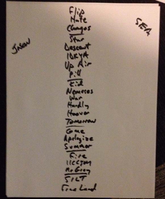 Handwritten setlist: Bob Mould Band, Neptune Theatre, Seattle WA, 23 Sep 2014