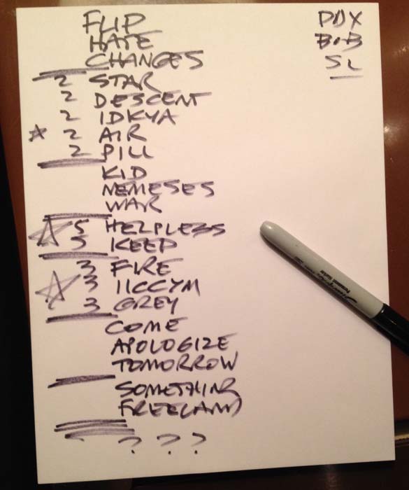 Handwritten setlist: Bob Mould Band, Wonder Ballroom, Portland OR, 24 Sep 2014