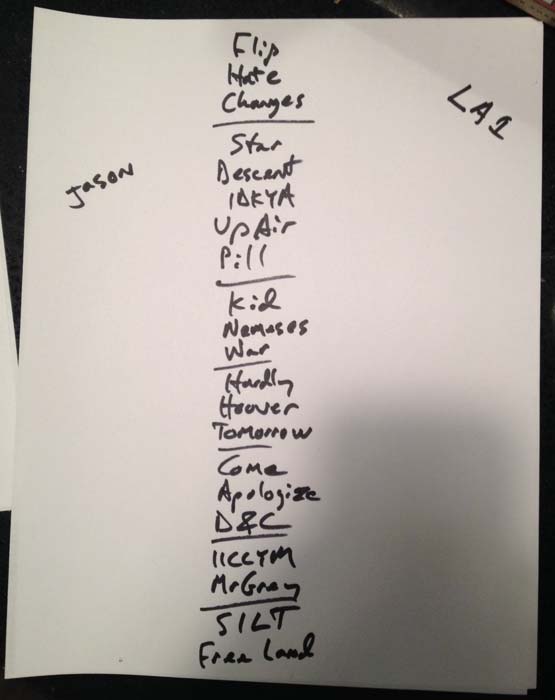 Handwritten setlist: Bob Mould Band, Roxy Theatre, Los Angeles CA, 27 Sep 2014