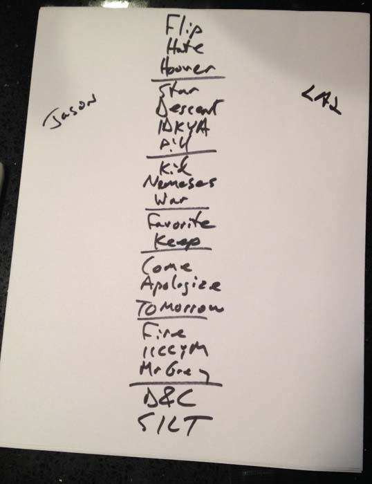 Handwritten setlist: Bob Mould Band, Roxy Theatre, Los Angeles CA, 28 Sep 2014