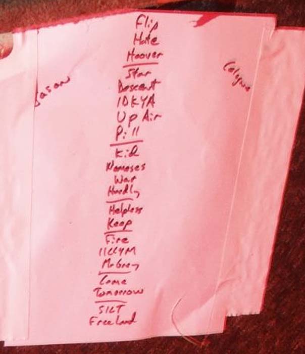 Handwritten setlist: Bob Mould Band, Gebäude 9, Köln, Germany, 07 Nov 2014