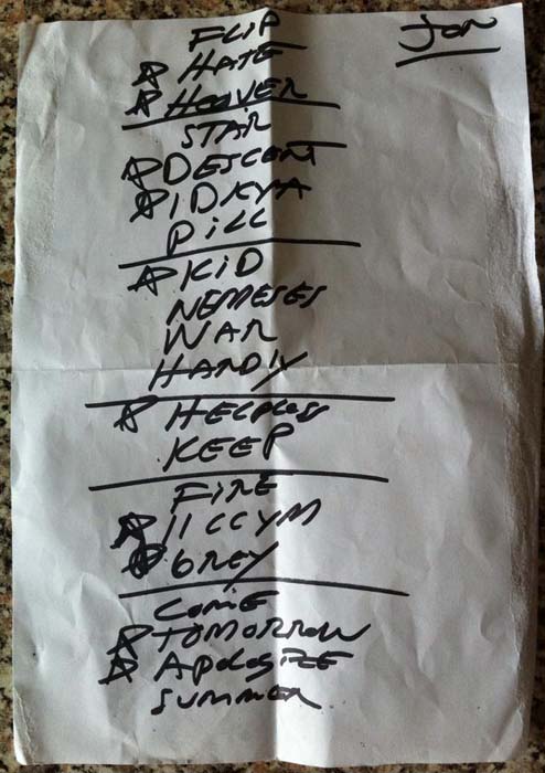 Handwritten setlist: Bob Mould Band, Rockhal, Esch-sur-Alzette, Luxembourg, 11 Nov 2014