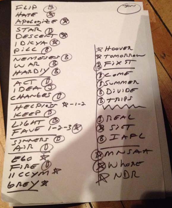 Handwritten setlist: Bob Mould Band, Metro, Chicago, 31 Dec 2014