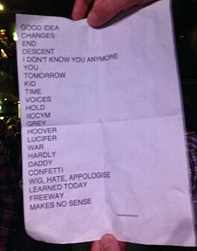 Printed setlist: Bob Mould Band, Rescue Rooms, Nottingham UK, 06 Feb 2016