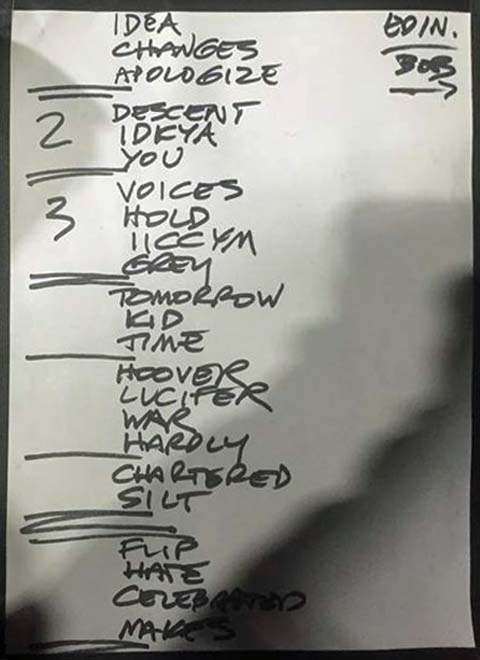 Handwritten setlist: Bob Mould Band, Liquid Room, Edinburgh, Scotland UK, 08 Feb 2016