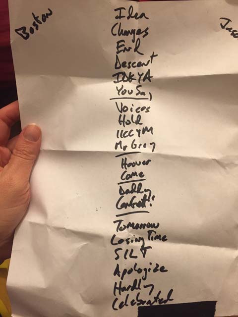 Handwritten setlist: Bob Mould Band, Paradise, Boston MA, 01 May 2016