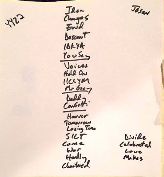 Handwritten setlist: Bob Mould Band, Horseshoe Tavern, Toronto ON, 04 May 2016