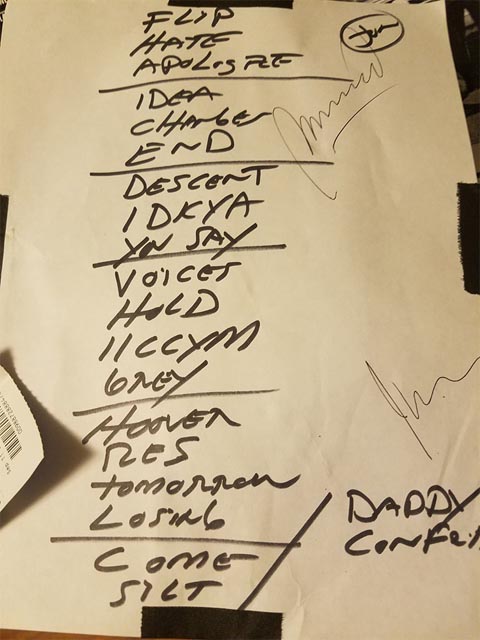 Handwritten setlist: Wooly's, Des Moines IA, 11 Sep 2016