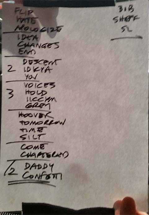 Handwritten setlist: Bob Mould Band @ The Leadmill, Sheffield UK, 11 Oct 2016