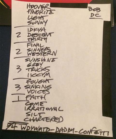 Handwritten setlist: 9:30 Club, Washington DC, 14 Feb 2019