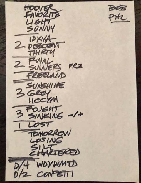 Handwritten setlist: Union Transfer, Philadelphia PA, 15 Feb 2019