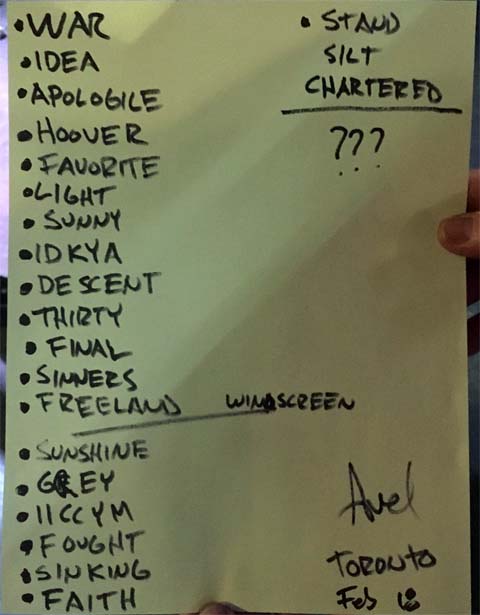 Handwritten setlist: Phoenix Concert Theatre, Toronto ON, 18 Feb 2019