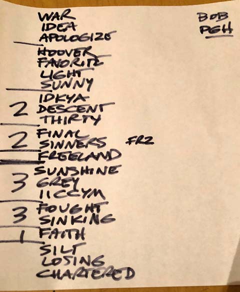 Handwritten setlist: Mr. Smalls Theatre, Millvale PA, 19 Feb 2019