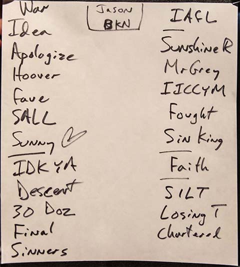 Handwritten setlist: Brooklyn Steel, Brooklyn NY, 21 Feb 2019